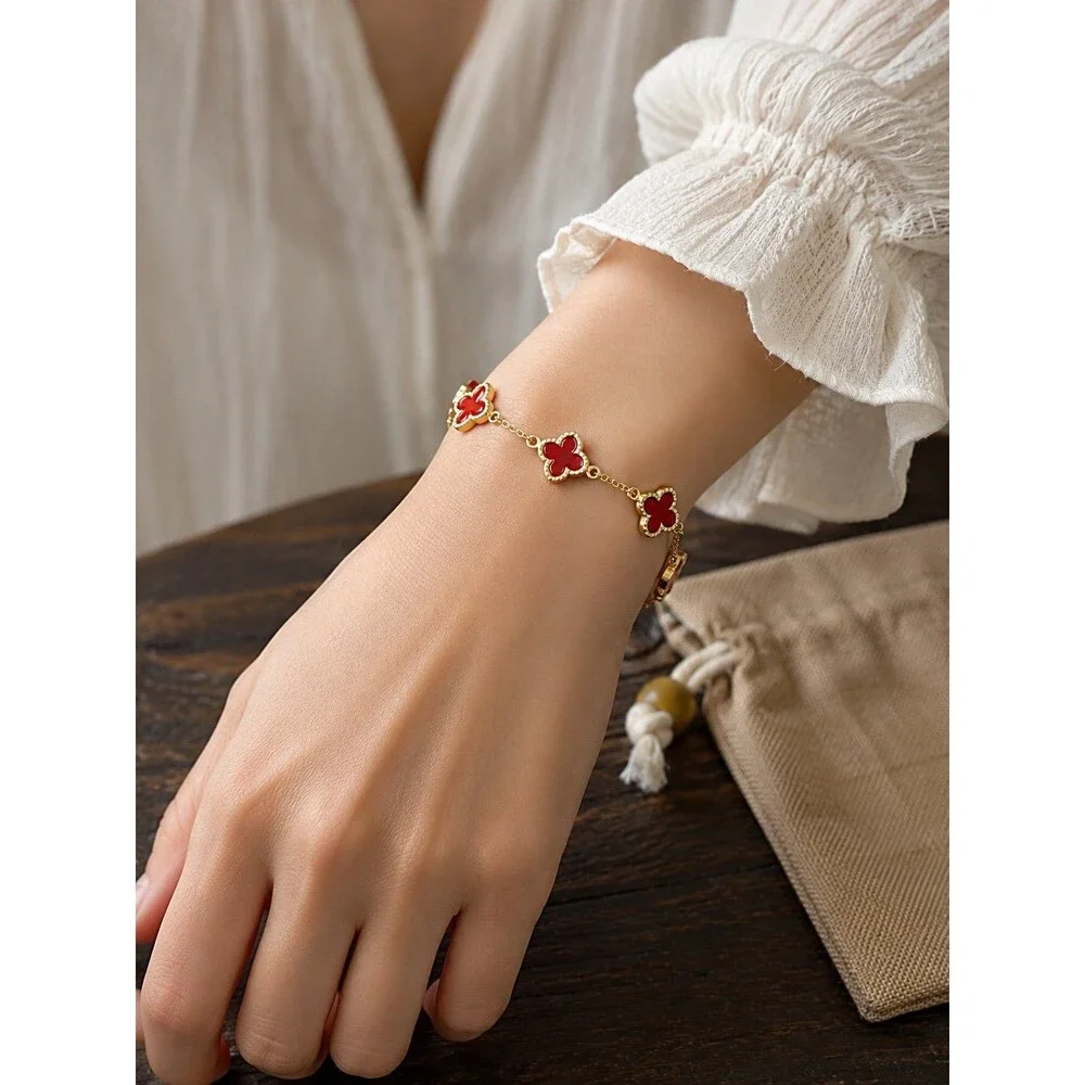 Gold Red Four Leaf Clover Bracelet Lucky Charm